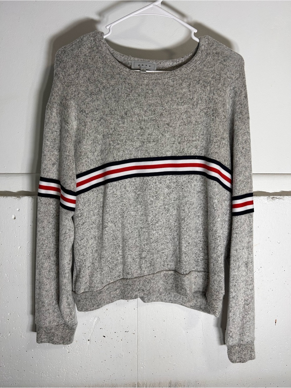 Gaze Heather Gray Crewneck with Navy, Red & White Stripes